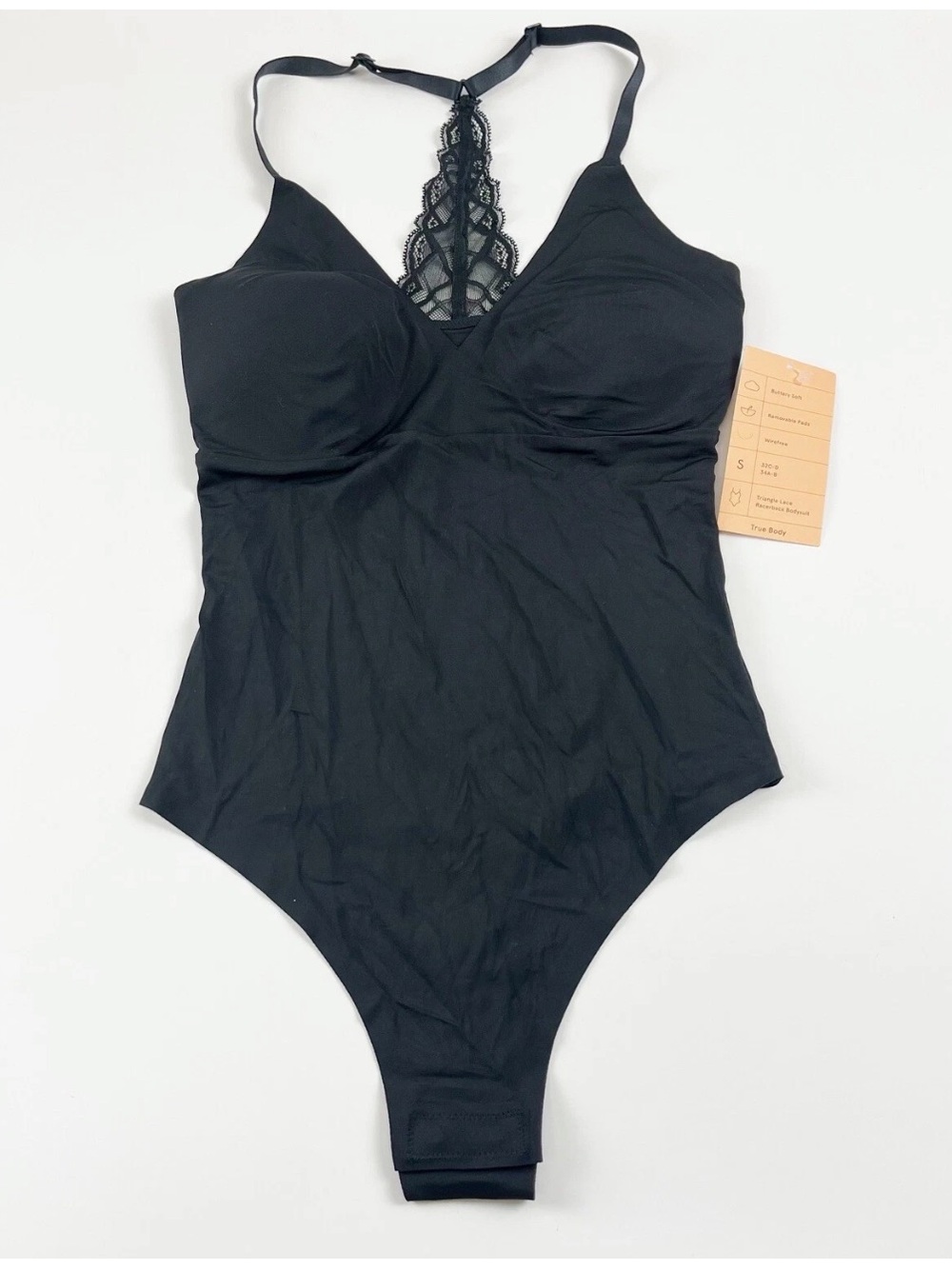 True & Co Racerback Bodysuit Black Womens Small Thong Lace Detail NWT NEW